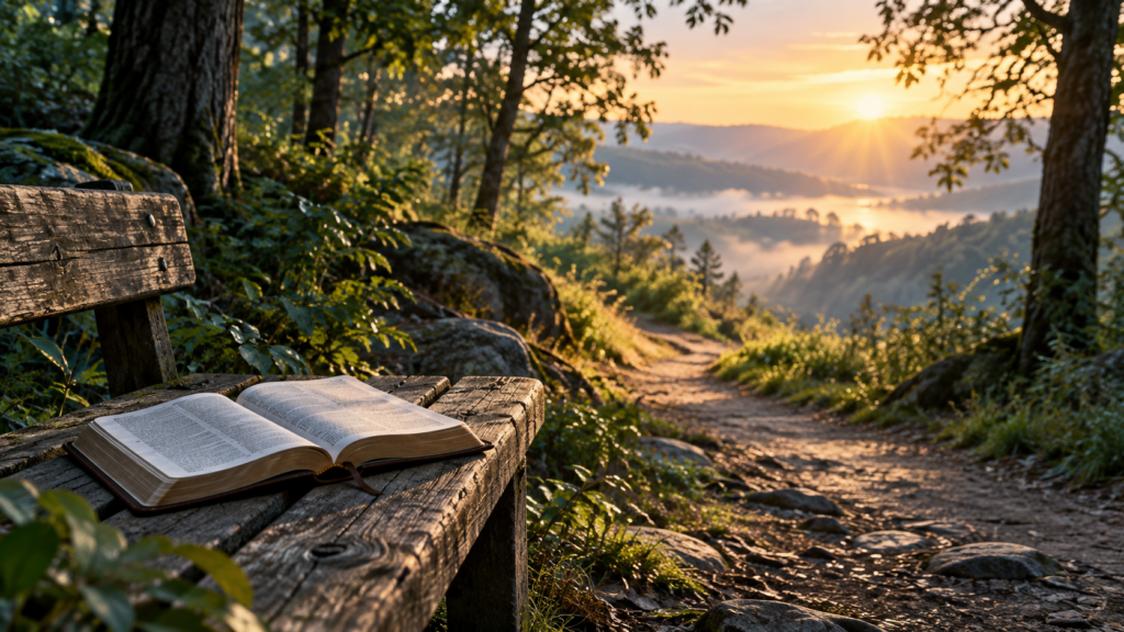 Open Bible beside a peaceful path leading toward the morning light