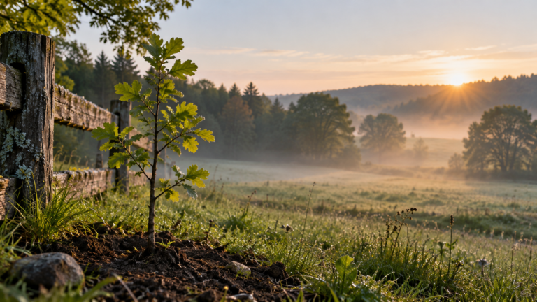 Young tree growing beside a quiet field in the morning light