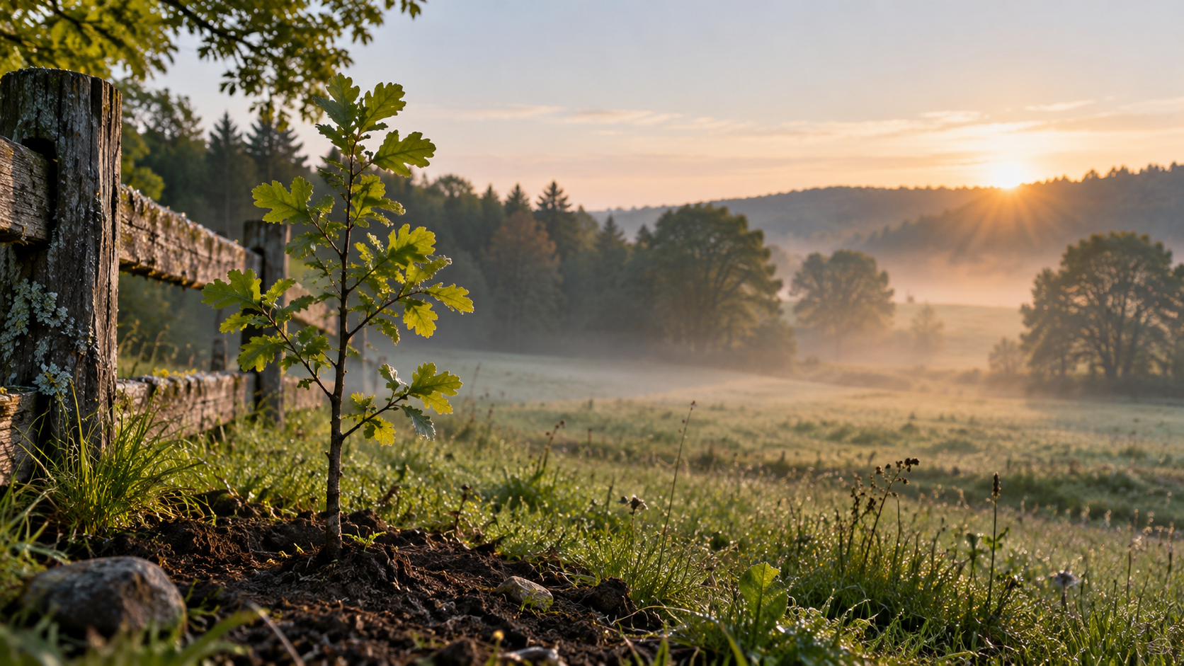 Young tree growing beside a quiet field in the morning light