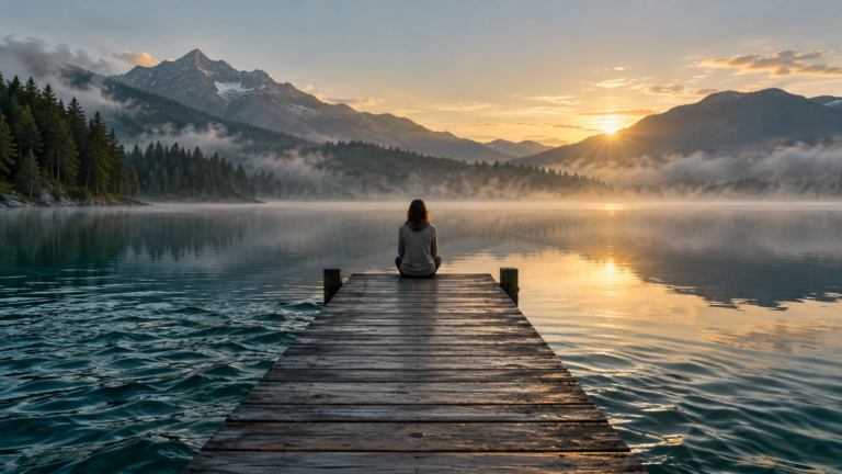 Person sitting quietly beside a mountain lake as the water becomes calm toward the morning light