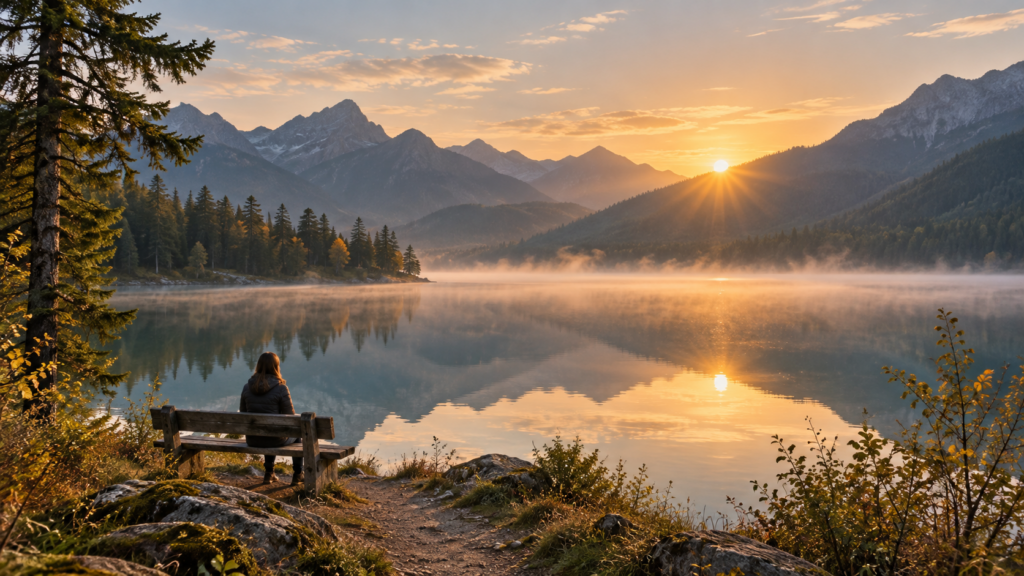 A person sitting quietly beside a calm mountain lake at sunrise.