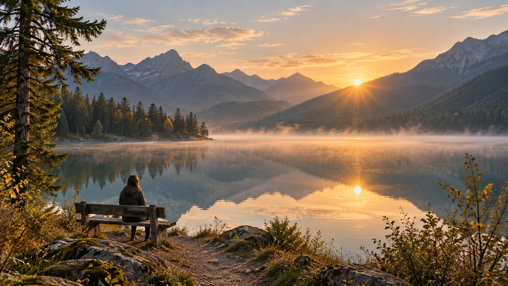 A person sitting quietly beside a calm mountain lake at sunrise.