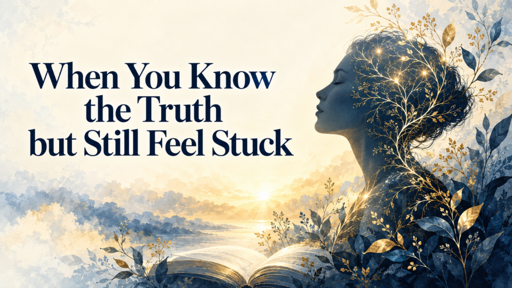 Indigo profile surrounded by delicate gold branches beside an open Bible, with warm light on the horizon.