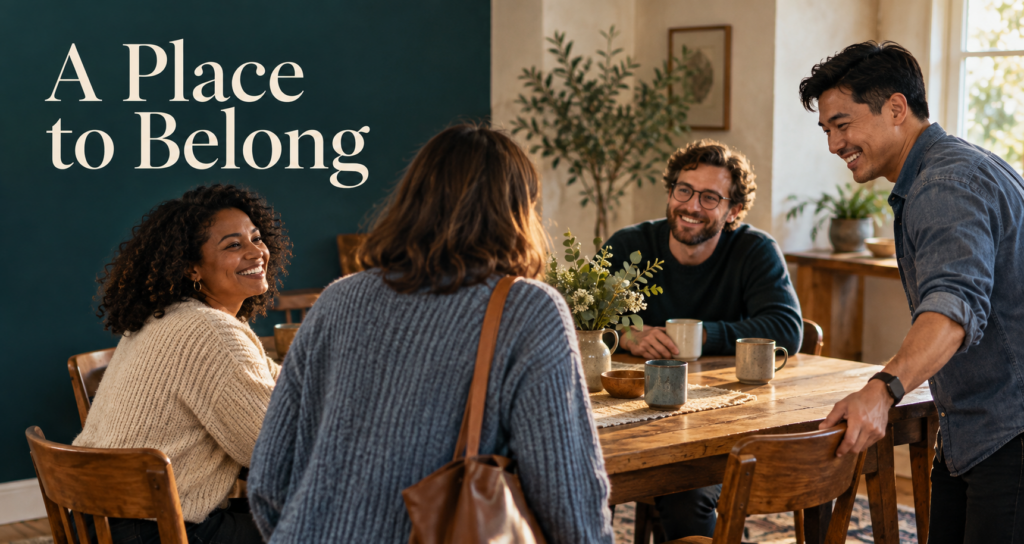 A newcomer is welcomed to a table where a small group has gathered in a warmly lit room.
