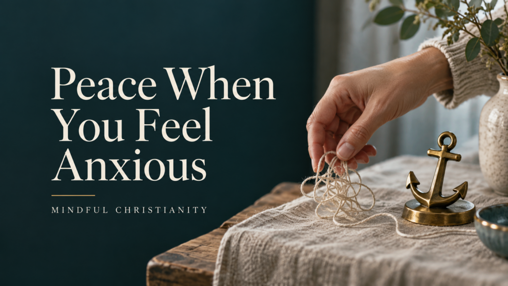 A hand holding a tangled thread beside a small brass anchor, with the words ‘Peace When You Feel Anxious.’