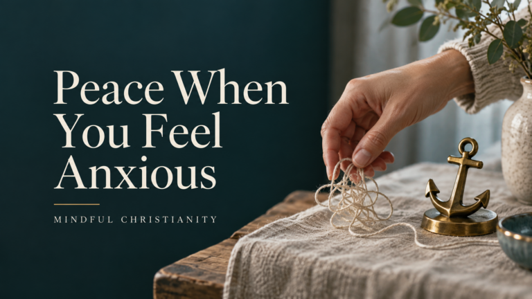 A hand holding a tangled thread beside a small brass anchor, with the words ‘Peace When You Feel Anxious.’