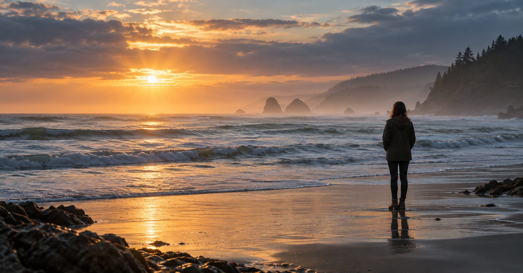 A person meeting God in a peaceful moment beside the ocean at sunrise