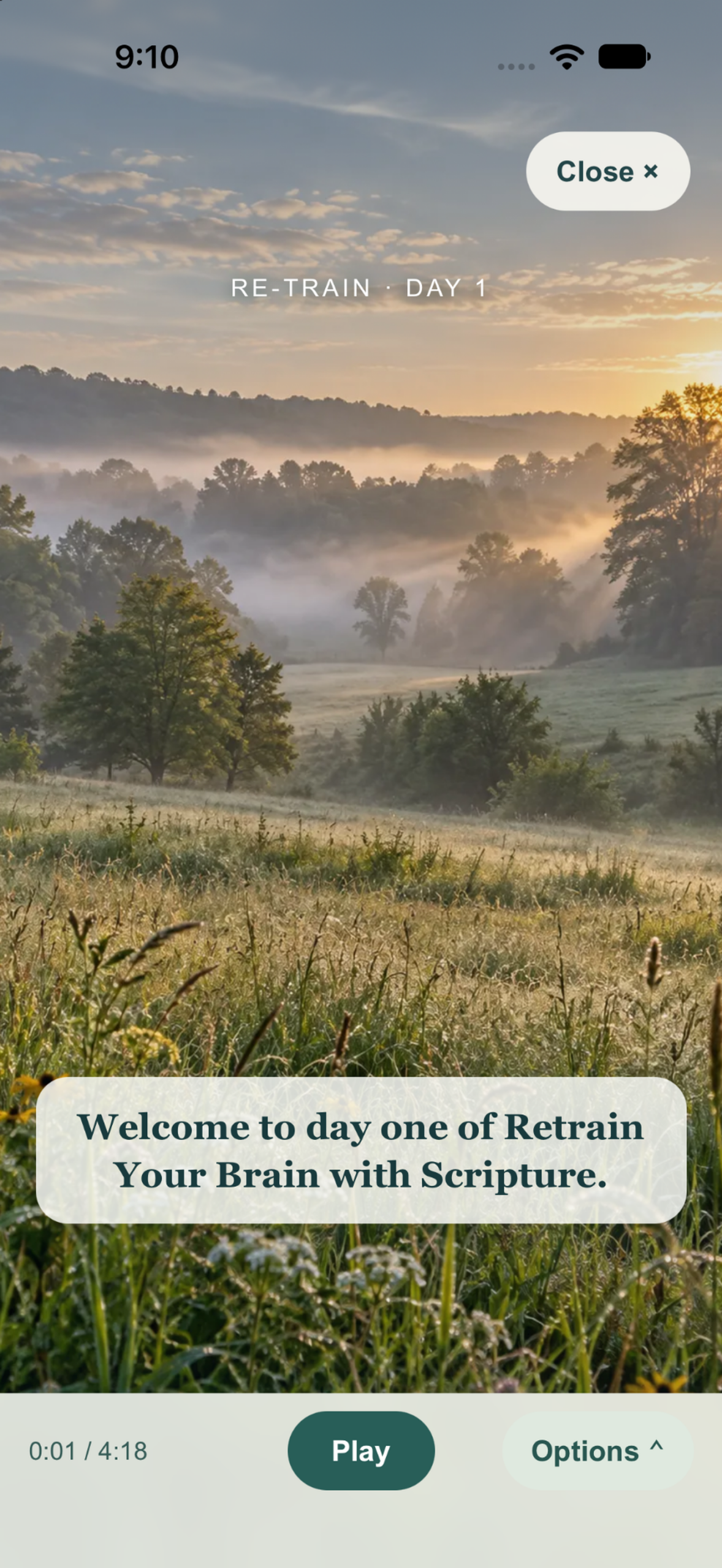 Be Still, Then Go guided audio player showing a peaceful landscape, captions, and playback controls