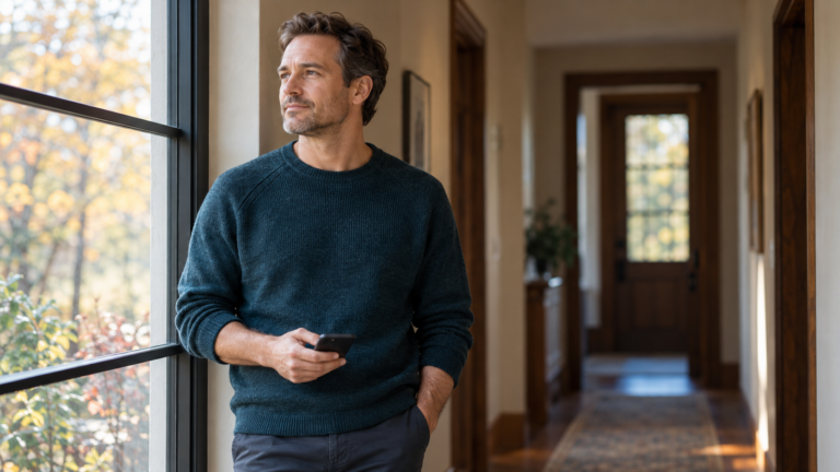 Thoughtful man holding a phone beside a window, pausing as he looks toward autumn trees.