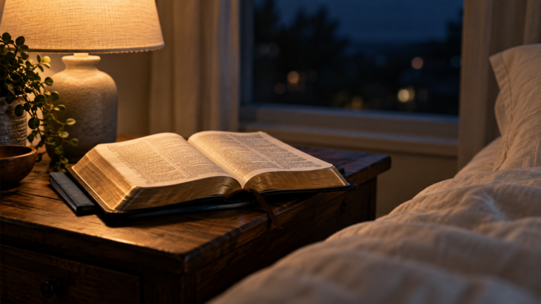 Open Bible on a bedside table beneath warm lamplight, with cream bedding and a dark nighttime window.