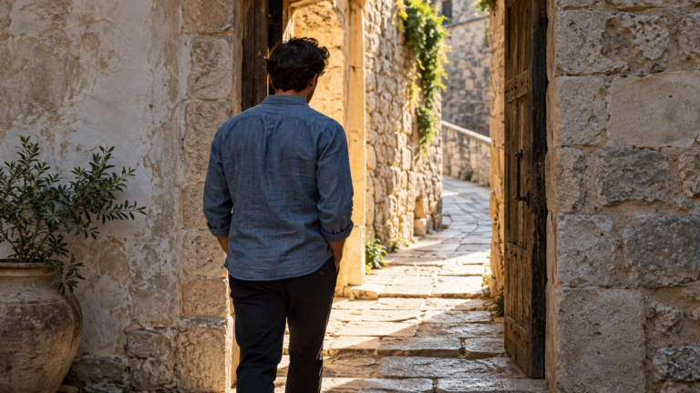 Person pausing at a stone doorway, looking toward a sunlit passage that curves out of sight.