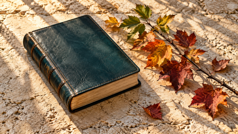 Weathered teal Bible beside colorful autumn leaves on sunlit stone.