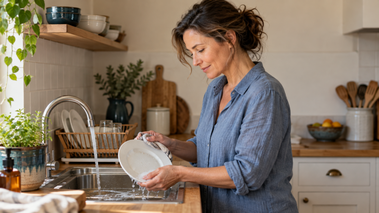 Woman washing dishes in a softly lit kitchen, illustrating a quiet moment of awareness during everyday life.