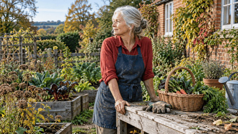 Older woman pausing beside a garden workbench, with harvested vegetables and gardening gloves nearby.