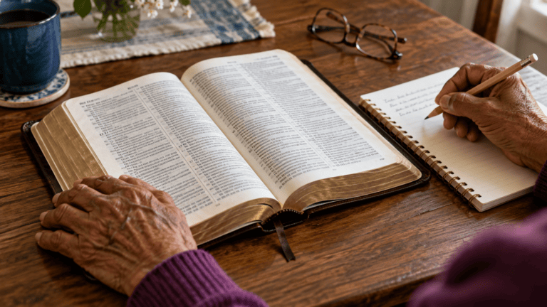 Older woman reflecting on an open Bible and writing in a notebook at a wooden table.