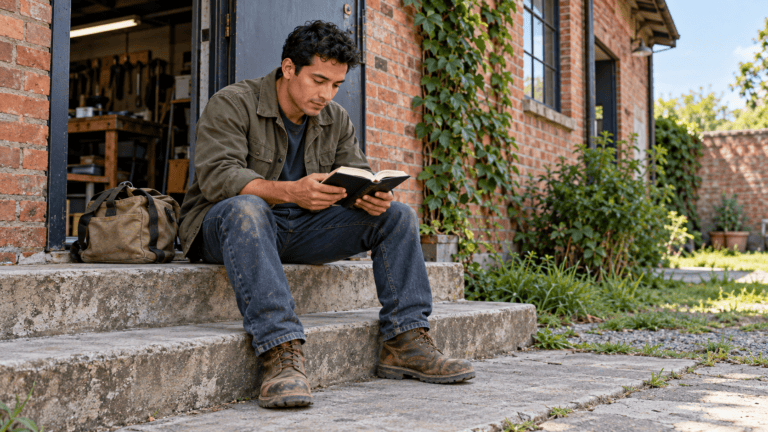 Young man reading Scripture on the steps outside a brick workshop during a work break.