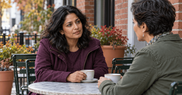 Woman listening thoughtfully to a friend during a conversation at an outdoor café.