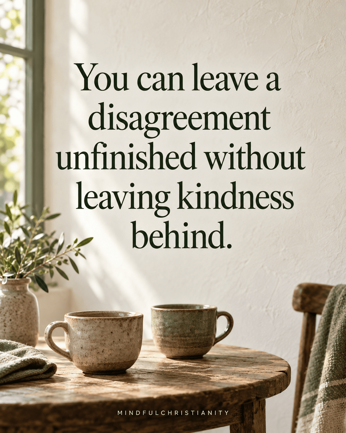 You can leave a disagreement unfinished without leaving kindness behind. Quote above two ceramic cups beside a window.